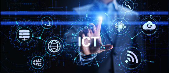 Wall Mural - ICT - Information and communication technology concept on virtual screen.