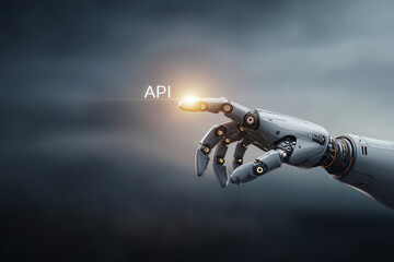 futuristic robotic arm metallic coding api glowing light technology innovation artificial intelligen