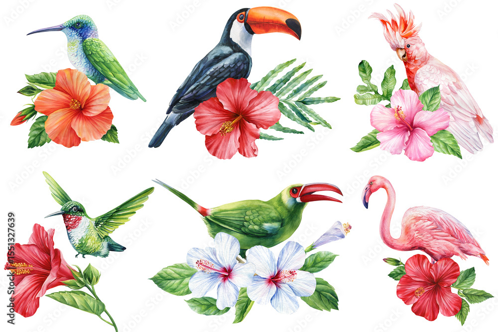 Tropical birds with hibiscus watercolor clipart set for summer exotic
