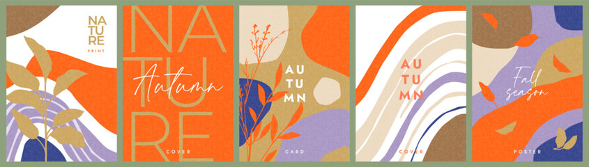 set of trendy modern art style abstract autumn poster or cover with bright beautiful leaves, plants,