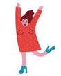 © GORBUSHA - Happy Woman Jumping with Joy Isolated Vector Illustration. She is wearing a colorful dress and boots, expressing happiness and celebration