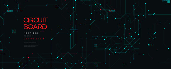 Futuristic Micro Circuit Board Background with Glowing Tech Lines and Digital Data Connections on Dark BG. HighTech Cyber Network Pattern. Micro Processing Concept and Cyberspace. Vector Illustration