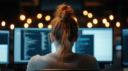 An image of a female coder working at her computer in a modern workspace, representing dedication and concentration as she engages in programming and coding tasks.