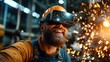 © svastix - This dynamic image features a smiling worker wearing a VR headset, fully engaged in a virtual reality environment, with sparks flying in the background, highlighting technological advancement and cre
