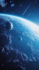Wall Mural - mysterious planet with multiple moons and meteor shower in space