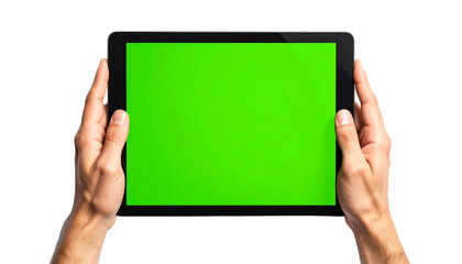Hands Using Pinch to Zoom on Green Screen Tablet isolated on solid white background 