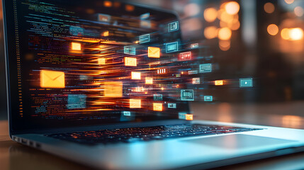 Laptop with digital files emerging from the screen, symbolizing efficient digital archiving, data storage, and seamless information management 33324655 1