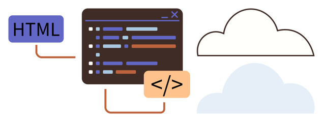 Coding interface with HTML and code tag icons connected to abstract cloud shapes. Ideal for programming, web design, cloud technology, data management, modern tech, IT education, simple flat metaphor