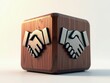 © Leonardo - Representación digital de un icono de apretón de manos en un cubo de madera, que une a los miembros de un equipo en una estructura empresarial corporativa