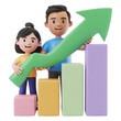 © Barkat - Happy diverse couple celebrating financial growth and success with a rising green arrow and colorful bar chart