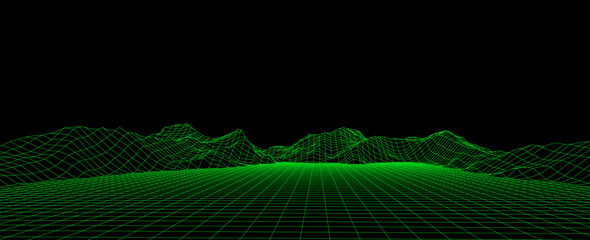 Wall Mural - vector mountain wireframe landscape. technology polygonal terrain. futuristic green background.