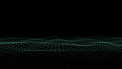 Wall Mural - futuristic vector hexagon wave. dark cyberspace. abstract wave with dots and line. green moving part