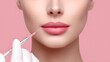 © Oksana_Latysheva - Close-up of woman receiving lip injection on pink background. Close-up image of a woman getting lip augmentation injection. Beauty treatment, aesthetic cosmetology and skincare procedures