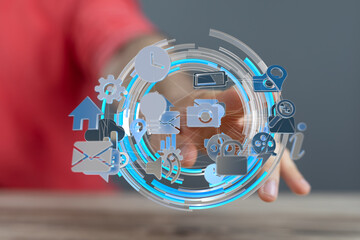 person interacts with a digital interface showing various app icons, representing a global network.