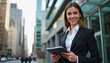 © Angavlan - Confident Businesswoman Holding Tablet in Urban Setting for Professional Blogs, Corporate Websites, Job Searching Resources, and Networking Articles