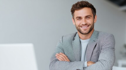 Wall Mural - business leader with confident smile sitting beside blank-screen laptop in office, space for adverti