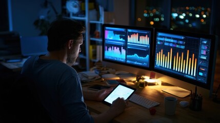 Wall Mural - late night office with financial advisor analyzing risk management data using tablet and graphs.