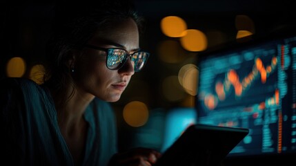 Wall Mural - woman sitting alone in dark office, glasses glowing from tablet screen showing market updates.