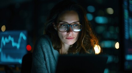 Wall Mural - woman sitting alone in dark office, glasses glowing from tablet screen showing market updates.