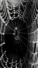 Spiderweb adorned with dewdrops glistens in early morning light against a blurred dark backdrop, nature's intricate design.
