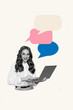 © deagreez - 3D photo collage template trend artwork sketch of young lady hold laptop mind note comment bubble text office manager customer support