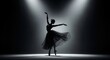 © Helena - Silhouette of a ballerina in a tutu, performing a graceful dance move under spotlights on a dark stage.