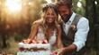 © svastix - A happy couple celebrates their wedding with a gorgeous cake, surrounded by nature's beauty, capturing the joy and love of their special day in a dreamy setting.