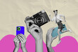 © deagreez - Banner 3d image pop full collage of happy girl guy sit hands hold retro camera shooting modern smartphone paparazzi capture