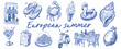 © ink drop - hand drawn doodle icons of european summer food and travel elements