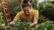 © svastix - A joyful gardener beams with happiness while nurturing vibrant green vegetables in an outdoor garden, showcasing dedication and connection to nature.