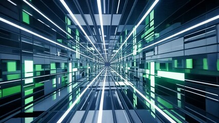 Wall Mural - Futuristic Corridor With Green And Blue Glowing Lights Through Geometric Structure Digital Art Illustration And Abstract Design