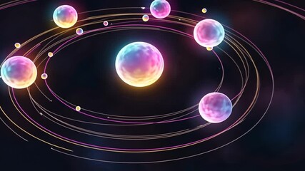 Wall Mural - Abstract Spheres Orbiting on Dark Background with Neon Light Glows Digital Art Style