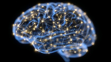A futuristic representation of the human brain is depicted as a radiant blue network of interconnected lines and points, illuminated by an ethereal neon blue and orange glow