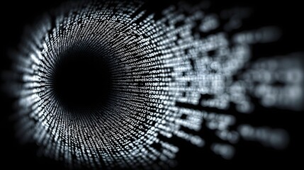 a tunnel-like vortex of glowing binary digits in white on a dark background, symbolizing data stream