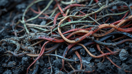 Tangled old fishing net on a wall with red and green worms, intertwined with colorful elastic bands and string