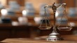 © Iaroslav - Metal scales of justice balancing on wooden law in courtroom, representing table system, justice, and legal