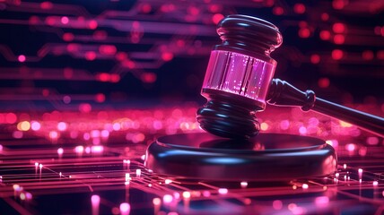 Wall Mural - gavel resting on sound block online digital circuit board, representing cyber law, on auction, or di