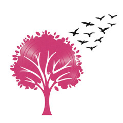illustration of pink tree with silhouette bats in transparent background