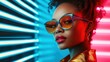 © svastix - A stylish model wearing vibrant sunglasses poses against striking neon light stripes, showcasing modern fashion and confidence in a colorful urban setting.