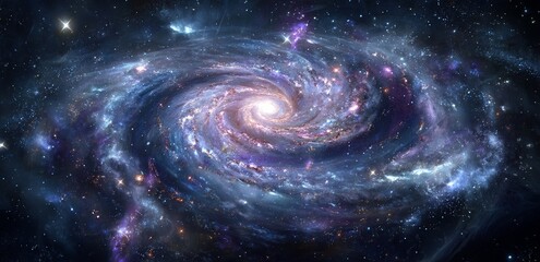 Wall Mural - A realistic spiral galaxy and shining stars set against a modern space background