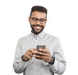 © kite_rin - Young handsome man looking at smartphone isolated transparent PNG, Smiling businessman using mobile phone