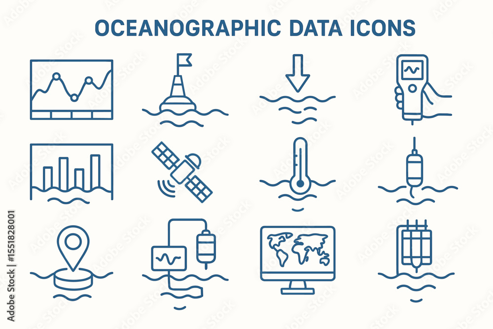 Oceanographic data icons: satellite, thermometer, buoy, graph, map ...