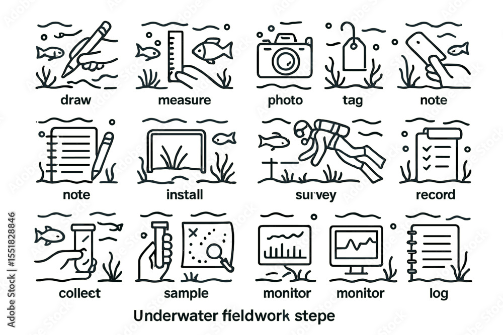 Underwater fieldwork steps icons: surveying, sampling, monitoring, and ...