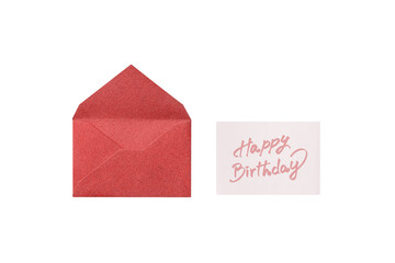 Wall Mural - an overhead view of a red lamé envelope and a red handwritten 
