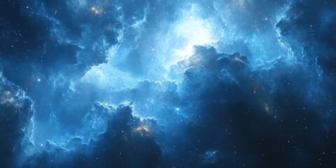 Wall Mural - Vast cosmic cloud of blue and white hues illuminated by distant stars in a dark space landscape