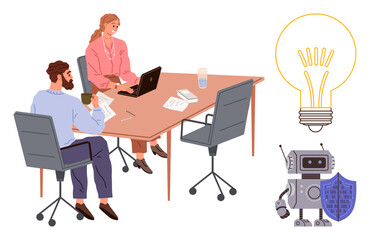 Wall Mural - team meeting around a table with laptops, coffee, and notes. bright light bulb represents innovation