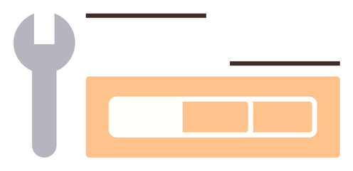 Wrench icon beside progress bar and settings layout. Ideal for web design, maintenance, customization, software development, interface adjustment, user experience, simple flat metaphor