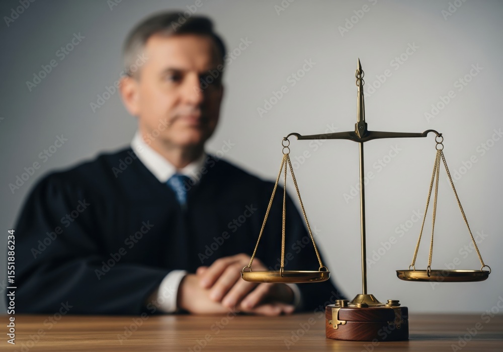 Judge and Scales of Justice. A blurred legal professional sits behind ...