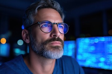 man with glasses looks screen in dimly lit room possibly working late