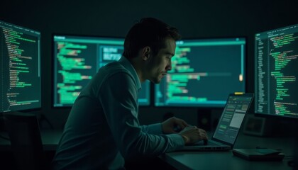 A focused coder working late at night surrounded by computer screens displaying code